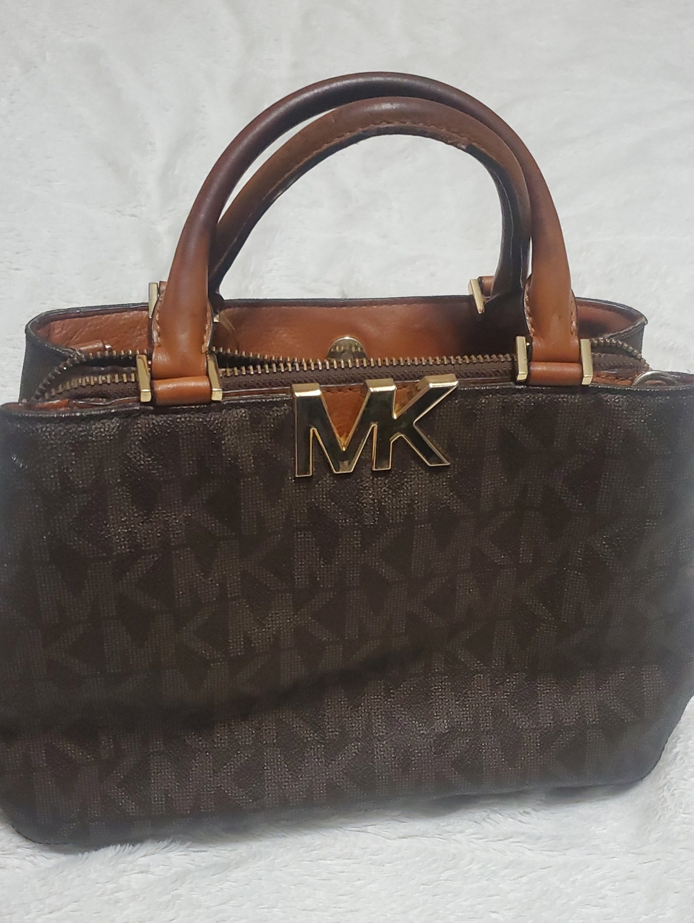 Michael Kors Brown Monogram Satchel with Tan Leather Trim and Gold Hardware